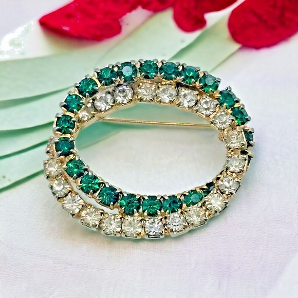 Emerald Green Brooch Vintage Open Double Oval Crystal May Statement Jewelry Pin - Picture 10 of 10